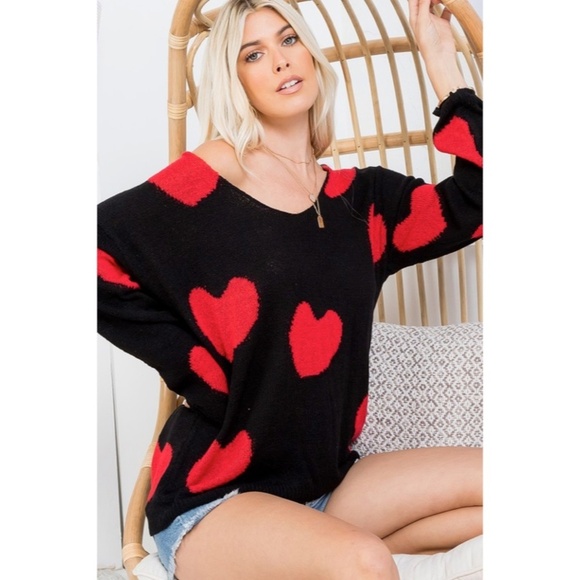 Black Red Multi Heart Knit V-Neck Valentines Day Long Sleeve Relaxed Sweater - Picture 2 of 10